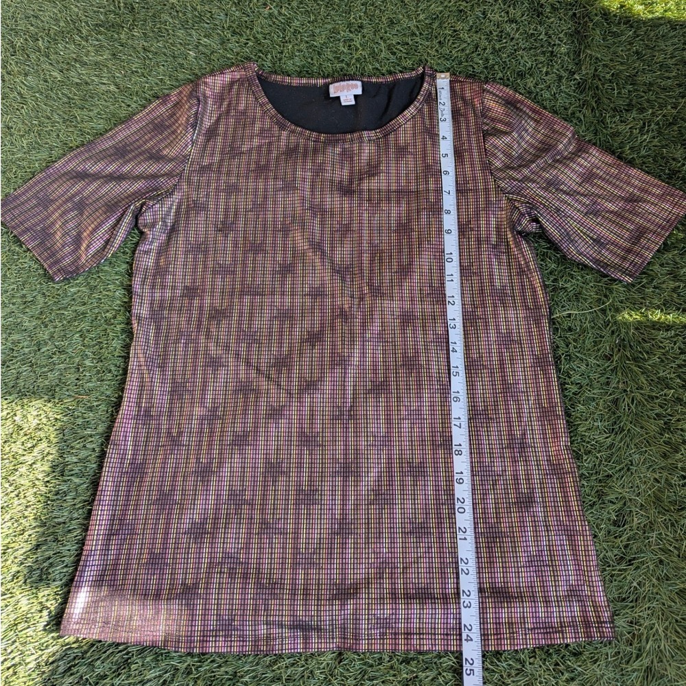 LuLaRoe Metallic Rainbow Stripe Star Short Sleeve Top Womens Large Shimmer Shirt - Picture 6 of 6